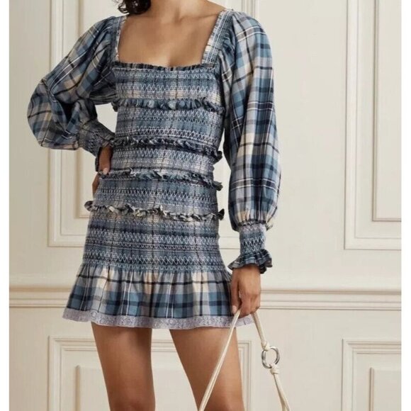 LoveShackFancy Stanley Smocked Plaid Dress in Blue Yellow Denim Skies Size Large - Picture 2 of 12